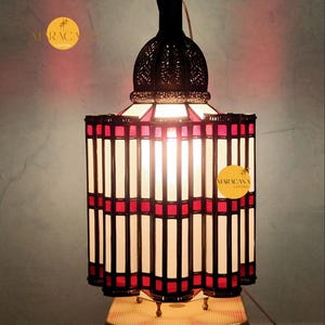 Handmade Moroccan Lamp: Milk Glass Brass Hanging Lantern