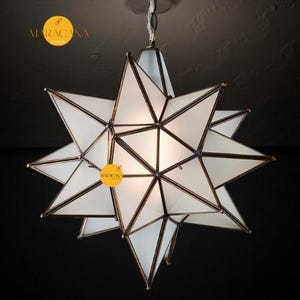 Handmade Moroccan Brass Star Lantern Lamp - Milk Glass Pendant Light