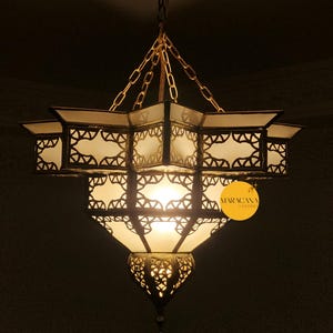 Handmade Moroccan Brass Star Lantern Lamp - Milk Glass Pendant Light