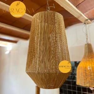 Boho Handmade Raffia Pendant Light – Boho Woven Ceiling Lamp – Rattan Hanging Light Fixture for Living Room