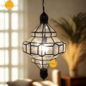 Moroccan Brass Pendant Light - Handmade Boho Ceiling Lamp Milky Glass Light Fixture for Dining or Living Room - Brass Pendant Light