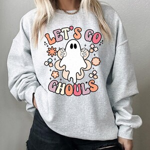 Let&#39;s Go Ghouls-sweater, retro Ghost Halloween-sweater, spooky seizoen herfst ronde hals, grappige geest bedrukte truien, Halloween-feestcadeaus