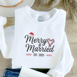 Embroidered Merry and Married Sweatshirt, Custom Mr & Mrs Christmas Sweater, Matching Couples Christmas Crewneck Jumpers, Christmas Gifts