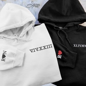 Embroidered Roman Numeral Matching Hoodie, Custom Special Date Couple Hoodies, Custom Initials With Heart Sleeve Jumpers, Gift for Boyfriend