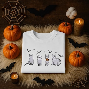 Embroidered Ghost Cats Sweatshirt, Halloween Spooky Cat Sweater, Fall Pumpkin Ghost Pullover Jumper, Halloween Gifts, Gifts for Cat Lovers