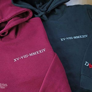 Embroidered Roman Numeral Matching Hoodie, Custom Couple Special Date Hoody, Personalised Initial on Sleeve Jumper, Wedding Anniversary Gift
