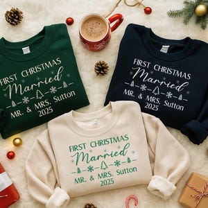 First Christmas Married Embroidered Sweatshirt, Personalised Couple Christmas Sweater, Matching Christmas Jumper, Xmas Gift for His and Hers