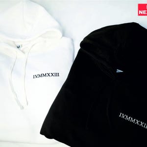 Embroidered Roman Numeral Hoodie, Custom Couple Anniversary Date Matching Hoodie, Personalised Initials with Heart On Sleeve, Boyfriend Gift
