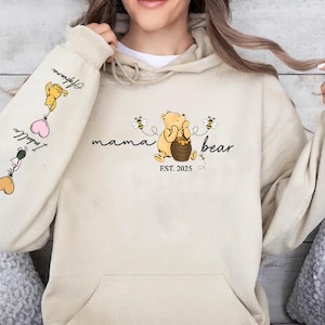 Custom Mama Bear Hoodie, Personalised Est Date Mama Bear Hoodie, Mum Hoodie with Children&#39;s Name On Sleeve, Mama Bear Tops, Gift for New Mom