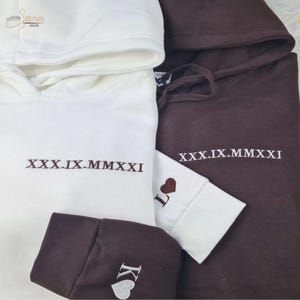 Roman Numeral Date Embroidered Hoodie, Custom Anniversary Date Couple Hoody, Personalised Initial On Sleeve Jumper, Wedding Anniversary Gift