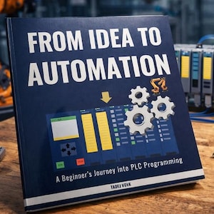 May include: A book titled "FROM IDEA TO AUTOMATION" with the subtitle "A Beginner's Journey into PLC Programming" sits on a wooden surface. The cover is dark blue with white text and graphic elements. Industrial tools and machinery are in the background.