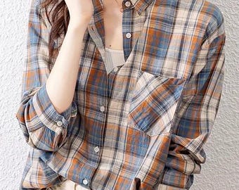 Classic Plaid Button-Up Blouse – Stylish Long Sleeve Shirt with Lapel Collar, Perfect for Women’s Everyday & Chic Wear