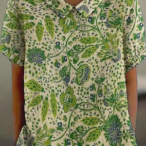 Elegant Green Leaf Print Short Sleeve Blouse – Casual Lapel Collar Shirt, Lightweight Summer Top, Regular Fit, Chic Floral Pattern