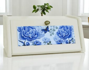 Wooden bread box with blue peonies design – elegant bread storage in natural wood, a perfect housewarming gift