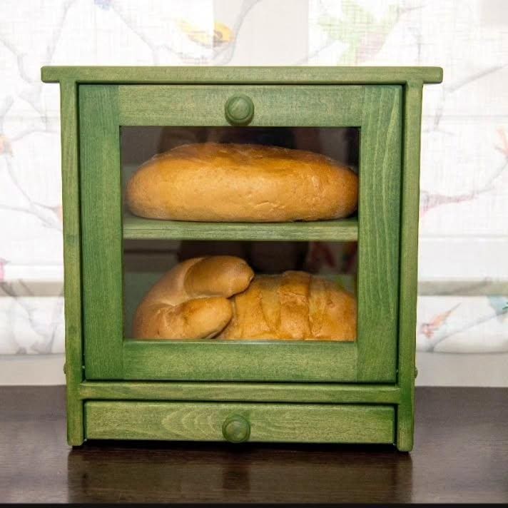 Bread Box Wooden Green – Eco-Friendly Beech Bread Storage Box with Glass Window, Kitchen Decor, Keeps Bread Fresh, Handmade Rustic Organizer