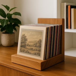 Wooden Vinyl Record Holder – Solid Wood LP Storage Stand, Handcrafted Record Organizer Rack, Turntable Display for Music Lovers