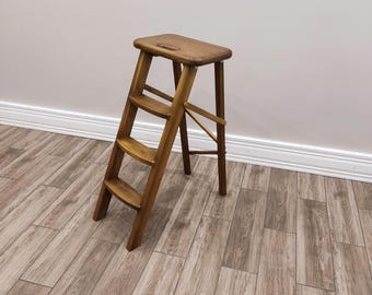 Ladder Chair: Handcrafted Folding Wooden Step Stool – Portable Rustic Oak Stepladder for Kitchen, Home, Workshop & Library Use