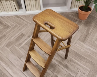 Leiter-Stuhl: Handgefertigte klappbare Trittleiter aus Holz - tragbare rustikale Eiche Trittleiter für Küche, Haus, Werkstatt & Bibliothek