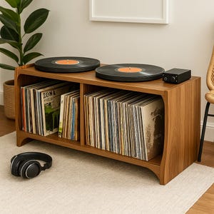 Solid Wood Record Player Stand with Vinyl Record Storage – Retro Media Console, Mid-Century Modern Turntable Cabinet and Display Unit