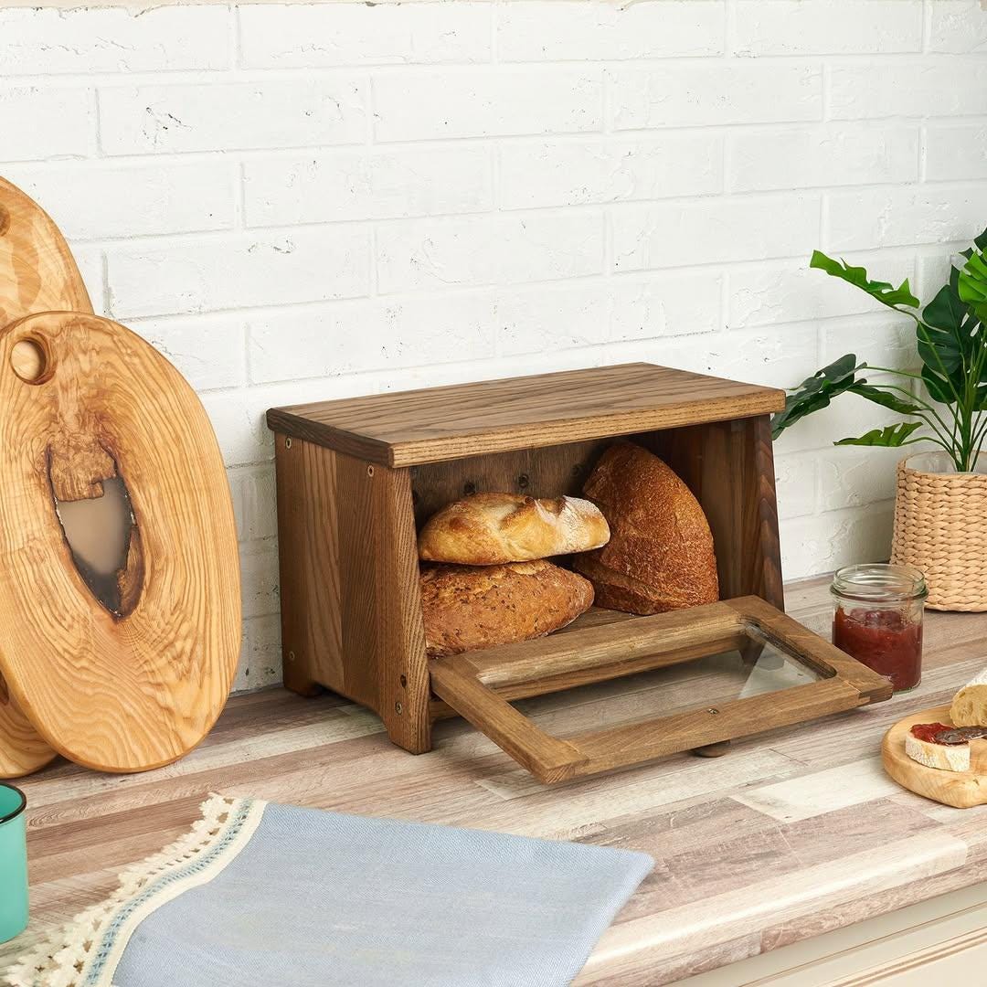 Handcrafted Oak Bread Box – Vintage Rustic Kitchen Organizer with Glass Panel, Natural Wood Bread Storage, Farmhouse Décor Gift