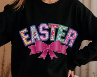 Faux Embroidery Easter Coquette Png,  Easter Bow png, Colorful Easter Applique Letters PNG, Easter Shirt png, Girls Easter Png, Spring Png