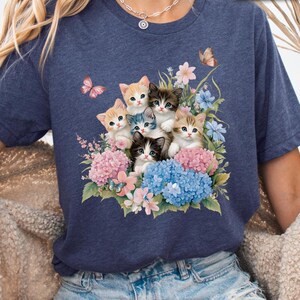 Cute Cat T-Shirt, Cute Kittens with Flowers and Butterflies Shirt for Cat mom Lover Floral Vintage Aesthetic Cat Shirt, Gift for Cat Lover