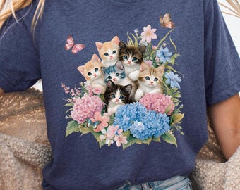 Leuk katten-T-shirt, schattige kittens met bloemen en vlinders Shirt voor kattenliefhebber bloemen vintage esthetisch kattenshirt, cadeau voor kattenliefhebber