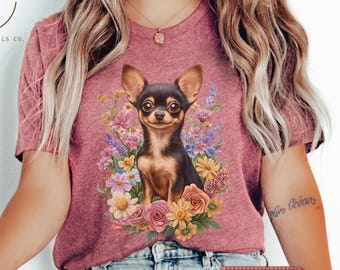 Chihuahua Floral T-Shirt, Cute Dog Lover Gift, Aesthetic Puppy Tee, Chihuahua Mom Dog Lover Gift,Chihuahua Lover Gift, Chihuahua Owner Gift