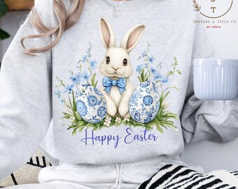 Grand Millennial Easter Png, Happy Easter PNG, Blue Toile Easter Rabbit Png, Blue Floral Chinoiserie Bunny Png, Girls, Easter Coquette Png