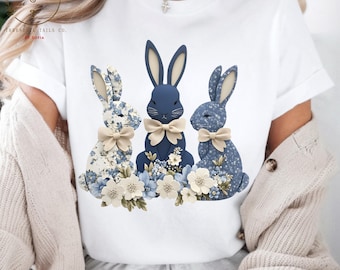 Blue Floral Chinoiserie Bunny Png, Blue Floral Toile Easter Bunny png, Easter Design, Blue Grand Millennial Easter Png, Easter Coquette