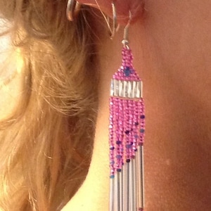 Handcrafted shoulder length half pyramid seed bead earrings