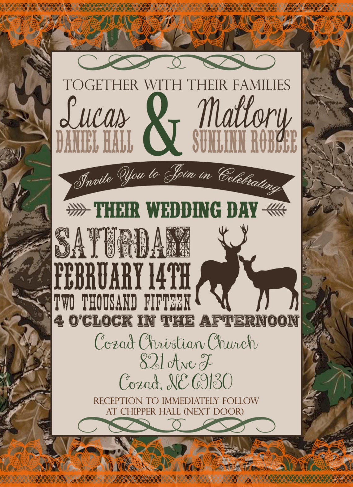 Customized Wedding Invitation Camo Orange Deer Camouflage With Etsy