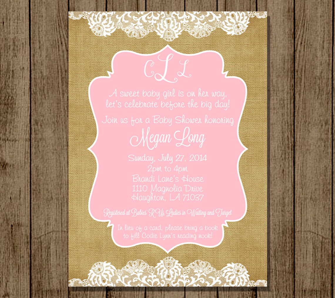 Custom Baby Shower Invitation Burlap Lace Pink White Etsy