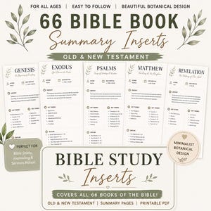 Bible Study Inserts Printable PDF | 66 Books of the Bible Summary Pages | Old & New Testament | Minimalist Botanical