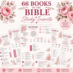 May include: A set of 66 Bible study inserts featuring floral illustrations in shades of pink and burgundy. The pages include text headers such as 66 Books of the Bible, Genesis, Exodus, Psalms, Joshua, and Revelation, with sections for key themes, timelines, and verses.