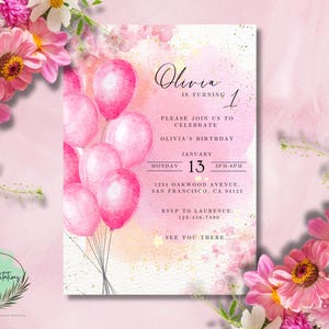 Pink Birthday Invitation Digital Template For Girl Editable Pink Invitation For 1st Birthday Printable Glitter Birthday Party Template