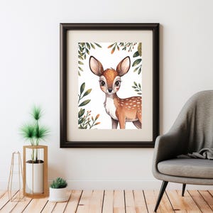 Encantador ciervo joven con mejillas en forma de corazón: ilustración de dibujos animados caprichosa para arte mural infantil: descarga instantánea de decoración imprimible