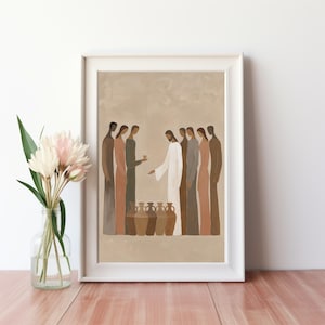 Jesus Turns Water into Wine at the Wedding in Cana - A Minimalist Digital Art Representation of Spiritual Gathering and Communion