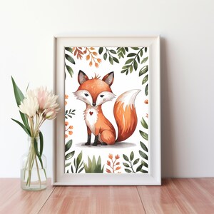 Encantador dibujo de zorro con corazón: borde floral naranja vibrante y caprichoso: perfecto para la decoración de la habitación de los niños y el arte de pared