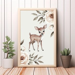 Cervatillo caprichoso rodeado de peonías: encantadora impresión de arte digital para la habitación de los niños o la decoración del hogar: descarga instantánea de arte de pared