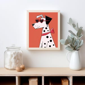 Perro dálmata juguetón con gafas de sol en forma de corazón: arte digital extravagante para una decoración de pared divertida y descarga instantánea de impresiones