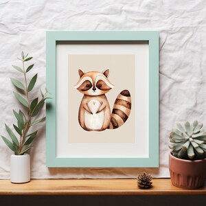 Ilustración caprichosa de mapache en acuarela: lindo dibujo animado para decoración de pared: descarga instantánea imprimible