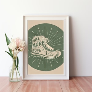 Hike More Worry Less - Retro Hiking Art Print Vintage Hiker Poster Mountaineering Decor Adventure Print Trendy Hiking Printable Wall Art