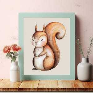 Ardilla de dibujos animados caprichosa con corazón - Arte digital lindo para decoración de pared - Descarga instantánea imprimible