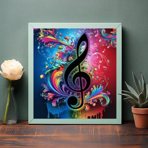 Levendige solsleutelkunst met kleurrijke wervelingen en muzieknoten - perfect voor muziekliefhebbers en gedurfde muurdecoratie