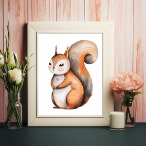 Ilustración de ardilla de dibujos animados caprichosa: arte digital encantador para decoración de pared: descarga instantánea imprimible perfecta