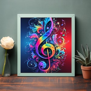 Arte vibrante en clave de sol con patrones florales y notas musicales: arte mural digital colorido para amantes de la música