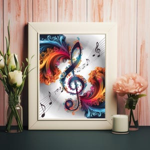 Levendige solsleutelkunst met kleurrijke bloemen - muzikale elementen in dynamisch digitaal ontwerp voor directe download kunst aan de muur