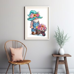 Gnomo caprichoso con carretilla de flores: arte digital colorido para una decoración alegre del hogar: arte mural imprimible de descarga instantánea