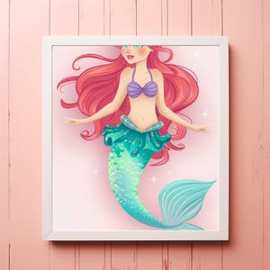Sirena de dibujos animados caprichosa con cabello rojo y cola turquesa - Impresión de arte digital para descarga instantánea y decoración de pared